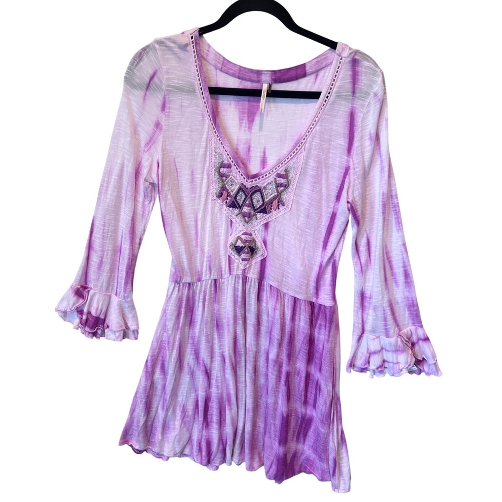 Free People Purple Tie Dye Embroidered Beaded Tunic Top Medium Boho Peplum